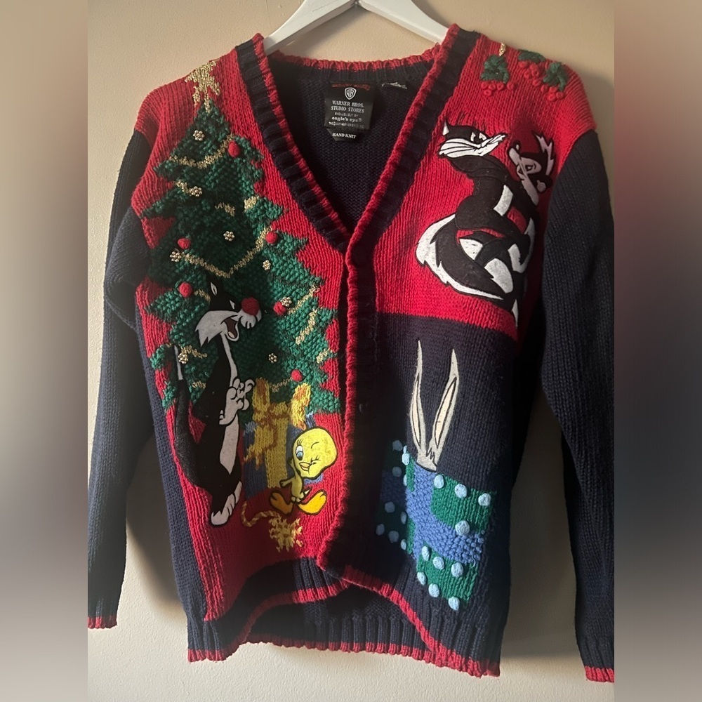 VINTAGE 1995 LOONEY TUNES/WARNER BROS.EAGLES EYE HAND KNIT XMAS SWEATER SIZE S - Picture 3 of 12